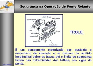 Segurança na Operação de Ponte RolanteSegurança na Operação de Ponte Rolante
Prof. Casteletti
É um componente motorizado que sustenta o
mecanismo de elevação e se desloca no sentido
longitudinal sobre as traves até o limite de segurança
fixado nas extremidades dos trilhos, nas vigas da
ponte.
TROLE:
 