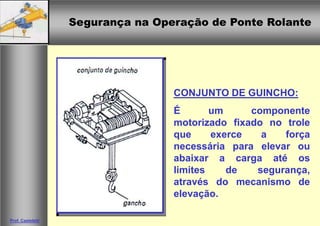 Segurança na Operação de Ponte RolanteSegurança na Operação de Ponte Rolante
Prof. Casteletti
CONJUNTO DE GUINCHO:
É um componente
motorizado fixado no trole
que exerce a força
necessária para elevar ou
abaixar a carga até os
limites de segurança,
através do mecanismo de
elevação.
 