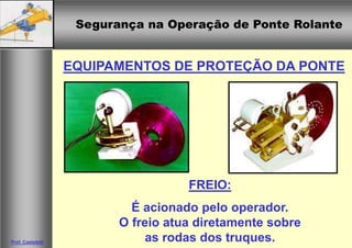 Segurança na Operação de Ponte RolanteSegurança na Operação de Ponte Rolante
Prof. Casteletti
EQUIPAMENTOS DE PROTEÇÃO DA PONTE
FREIO:
É acionado pelo operador.
O freio atua diretamente sobre
as rodas dos truques.
 