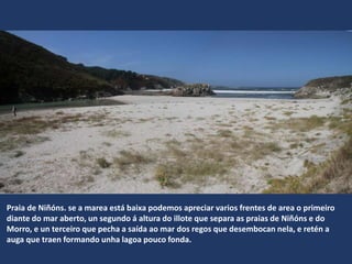 Praia de Niñóns. se a marea está baixa podemos apreciar varios frentes de area o primeiro
diante do mar aberto, un segundo á altura do illote que separa as praias de Niñóns e do
Morro, e un terceiro que pecha a saída ao mar dos regos que desembocan nela, e retén a
auga que traen formando unha lagoa pouco fonda.
 