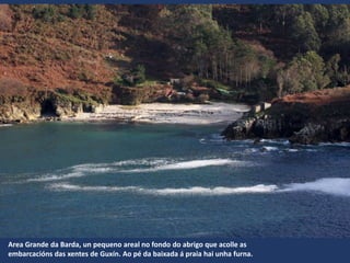Area Grande da Barda, un pequeno areal no fondo do abrigo que acolle as
embarcacións das xentes de Guxín. Ao pé da baixada á praia hai unha furna.
 