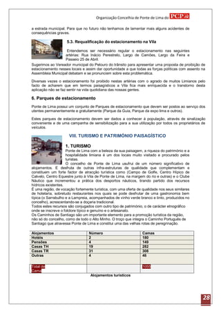 Organização Concelhia de Ponte de Lima do

a estrada municipal. Para que no futuro não tenhamos de lamentar mais alguns acidentes de
consequências graves.

                    5.3. Requalificação do estacionamento na Vila

                    Entendemos ser necessário regular o estacionamento nas seguintes
                   artérias: Rua Inácio Perestrelo, Largo de Camões, Largo da Feira e
                   Passeio 25 de Abril.
Sugerimos ao Vereador municipal do Pelouro do trânsito para apresentar uma proposta de proibição de
estacionamento nesses locais e assim dar oportunidade a que todas as forças políticas com assento na
Assembleia Municipal debatam e se pronunciem sobre esta problemática.

Diversas vezes o estacionamento foi proibido nestas artérias com o agrado de muitos Limianos pelo
facto de acharem que em termos paisagísticos a Vila fica mais enriquecida e o transtorno desta
aplicação não se faz sentir na vida quotidiana das nossas gentes.

6. Parques de estacionamento
Ponte de Lima possui um conjunto de Parques de estacionamento que devem ser postos ao serviço dos
utentes permanentemente e gratuitamente (Parque da Guia, Parque da expo lima e outros).

Estes parques de estacionamento devem ser dados a conhecer á população, através de sinalização
conveniente e de uma campanha de sensibilização para a sua utilização por todos os proprietários de
veículos.

                      VIII. TURISMO E PATRIMÓNIO PAISAGÍSTICO

                   1. TURISMO
                     Ponte de Lima com a beleza da sua paisagem, a riqueza do património e a
                     hospitalidade limiana é um dos locais muito visitado e procurado pelos
                     turistas.
                     O concelho de Ponte de Lima usufrui de um número significativo de
alojamentos. E desfruta de outras infra-estruturas de qualidade que complementam e
constituem um forte factor de atracção turística como (Campo de Golfe, Centro Hípico de
Calvelo, Centro Equestre junto à Vila de Ponte de Lima, na margem do rio e outras) e o Clube
Náutico que incrementou a prática dos desportos náuticos, tirando partido dos recursos
hídricos existentes.
É uma região, de vocação fortemente turística, com uma oferta de qualidade nos seus similares
de hotelaria, sobretudo restaurantes nos quais se pode desfrutar de uma gastronomia bem
típica (o Sarrabulho e a Lampreia, acompanhados de vinho verde branco e tinto, produzidos no
concelho), acrescentando-se a doçaria tradicional.
Todos estes recursos são conjugados com outro tipo de património, o de carácter etnográfico
onde se inscreve o folclore típico e genuíno e o artesanato.
Os Caminhos de Santiago são um importante elemento para a promoção turística da região,
não só do concelho, como de todo o Alto Minho. O troço que integra o Caminho Português de
Santiago que atravessa Ponte de Lima e constitui uma das velhas rotas de peregrinação.

Alojamentos                      Número                          Camas
Hotéis                           2                               180
Pensões                          4                               149
Casas TH                         19                              282
Casas TR                         31                              308
Outras                           4                               46

Total de                                                         1055
Cama
                                  Alojamentos turísticos




                                                                                                  28
 