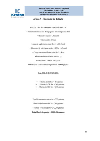 KROTON IUNI – UNIC TANGARÁ DA SERRA
ENGENHARIA DE PRODUÇÃO
DISCIPLINA: RESISTÊNCIA DOS MATERIAIS
PROFESSOR: FREDERICO DORE FRANCK
10
Anexo 1 – Memorial de Calculo
DADOS GERAIS DO MACARRAO BARILLA
• Número médio de fios de espaguete em cada pacote: 510
• Diâmetro médio: 1,8mm 10
• Raio médio: 0,9mm
• Área da seção transversal: 2,545 x 10-2 cm2
• Momento de inércia da seção: 5,153 x 10-5 cm4
• Comprimento médio de cada fio: 25,4cm
• Peso médio de cada fio inteiro: 1g
• Peso linear: 3,937 x 10-2 g/cm
• Módulo de Elasticidade Longitudinal: 36000kgf/cm2
CALCULO DE MASSA
 8 barras de 30fios = 216gramas
 18 barras de 21 fios = 340 gramas
 2 barras de 120 fios = 216 gramas
Total de massa de macarrão = 772 gramas
Total de cola araldite = 85,15 gramas
Total da cola durepoxi =242,85 gramas
Total final da ponte = 1100,24 gramas
 