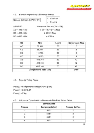 4.3.

Barras Comprimidas(-): Números de Fios.
L: em cm

Número de Fios ≥ 0,074*L*√|F|

F: em N
Número de Fios ≥ 0,074*L*√|F|

AB/DE/BD
AB = -113,163N

≥ 0,074*53*√|-113,163|

DE = -113,163N

≥ 41,721 Fios

BD = -113,163N

≈ 42 Fios

Nó

F(n)

L(cm)

Números de Fios

AC

56,581

53

2

CE

56,581

53

2

BC

113,163

53

3

CD

113,163

53

3

AB

-113,163

53

42

DE

-113,163

53

42

BD

-113,163

53

42
3400

Comprimento Total (cm)

4.4.

Peso da Treliça Plana:

Peso(g) = Comprimento Total(cm)*0,07(g cm)
Peso(g) = 3400*0,07
Peso(g) = 238g

4.5.

Valores de Comprimento e Número de Fios Para Barras Extras
Barras Extras
Número

Comprimento(cm)

Número de Fios

1

50/51

2

2

50/51

2

3

50/51

2

4

50/51

2
17

 