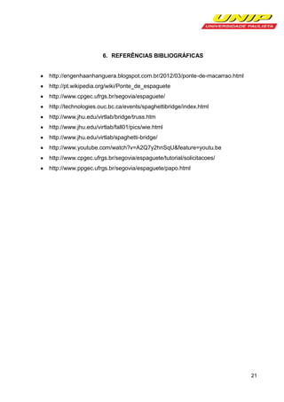 6. REFERÊNCIAS BIBLIOGRÁFICAS

http://engenhaanhanguera.blogspot.com.br/2012/03/ponte-de-macarrao.html
http://pt.wikipedia.org/wiki/Ponte_de_espaguete
http://www.cpgec.ufrgs.br/segovia/espaguete/
http://technologies.ouc.bc.ca/events/spaghettibridge/index.html
http://www.jhu.edu/virtlab/bridge/truss.htm
http://www.jhu.edu/virtlab/fall01/pics/wie.html
http://www.jhu.edu/virtlab/spaghetti-bridge/
http://www.youtube.com/watch?v=A2Q7y2hnSqU&feature=youtu.be
http://www.cpgec.ufrgs.br/segovia/espaguete/tutorial/solicitacoes/
http://www.ppgec.ufrgs.br/segovia/espaguete/papo.html

21

 