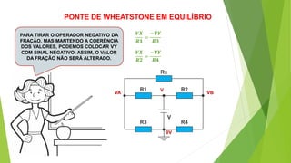 PONTE DE WHEATSTONE EM EQUILÍBRIO
VA VB
V
0V
PARA TIRAR O OPERADOR NEGATIVO DA
FRAÇÃO, MAS MANTENDO A COERÊNCIA
DOS VALORES, PODEMOS COLOCAR VY
COM SINAL NEGATIVO, ASSIM, O VALOR
DA FRAÇÃO NÃO SERÁ ALTERADO.
𝑽𝑿
𝑹𝟐
=
−𝑽𝒀
𝑹𝟒
𝑽𝑿
𝑹𝟏
=
−𝑽𝒀
𝑹𝟑
 