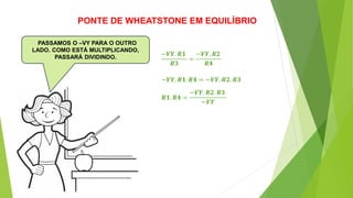 PONTE DE WHEATSTONE EM EQUILÍBRIO
PASSAMOS O –VY PARA O OUTRO
LADO. COMO ESTÁ MULTIPLICANDO,
PASSARÁ DIVIDINDO.
−𝑽𝒀. 𝑹𝟏
𝑹𝟑
=
−𝑽𝒀. 𝑹2
𝑹𝟒
−𝑽𝒀. 𝑹𝟏. 𝑹𝟒 = −𝑽𝒀. 𝑹𝟐. 𝑹𝟑
𝑹𝟏. 𝑹𝟒 =
−𝑽𝒀. 𝑹𝟐. 𝑹𝟑
−𝑽𝒀
 