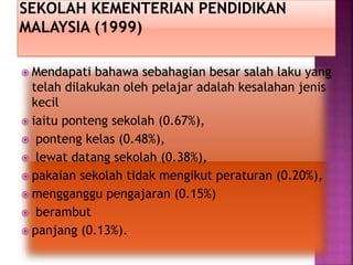  Mendapati bahawa sebahagian besar salah laku yang
telah dilakukan oleh pelajar adalah kesalahan jenis
kecil
 iaitu ponteng sekolah (0.67%),
 ponteng kelas (0.48%),
 lewat datang sekolah (0.38%),
 pakaian sekolah tidak mengikut peraturan (0.20%),
 mengganggu pengajaran (0.15%)
 berambut
 panjang (0.13%).
 