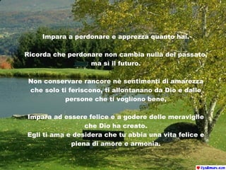 Impara a perdonare e apprezza quanto hai. Ricorda che perdonare non cambia nulla del passato, ma sì il futuro. Non conservare rancore nè sentimenti di amarezza che solo ti feriscono, ti allontanano da Dio e dalle persone che ti vogliono bene, Impara ad essere felice e a godere delle meraviglie che Dio ha creato. Egli ti ama e desidera che tu abbia una vita felice e piena di amore e armonia . 