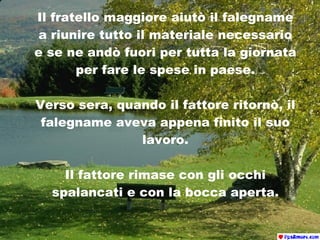 Il fratello maggiore aiutò il falegname a riunire tutto il materiale necessario e se ne andò fuori per tutta la giornata per fare le spese in paese. Verso sera, quando il fattore ritornò, il falegname aveva appena finito il suo lavoro. Il fattore rimase con gli occhi spalancati e con la bocca aperta. 