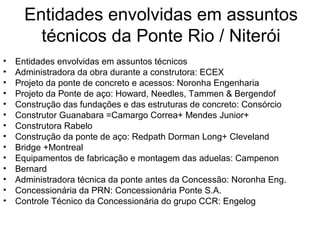 Entidades envolvidas em assuntos
técnicos da Ponte Rio / Niterói
• Entidades envolvidas em assuntos técnicos
• Administradora da obra durante a construtora: ECEX
• Projeto da ponte de concreto e acessos: Noronha Engenharia
• Projeto da Ponte de aço: Howard, Needles, Tammen & Bergendof
• Construção das fundações e das estruturas de concreto: Consórcio
• Construtor Guanabara =Camargo Correa+ Mendes Junior+
• Construtora Rabelo
• Construção da ponte de aço: Redpath Dorman Long+ Cleveland
• Bridge +Montreal
• Equipamentos de fabricação e montagem das aduelas: Campenon
• Bernard
• Administradora técnica da ponte antes da Concessão: Noronha Eng.
• Concessionária da PRN: Concessionária Ponte S.A.
• Controle Técnico da Concessionária do grupo CCR: Engelog
 