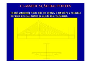 CLASSIFICAÇÃO DAS PONTES
Pontes estaiadas: Neste tipo de pontes, o tabuleiro é suspenso
por meio de estais (cabos de aço de alta resistência).
 