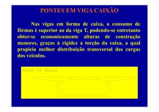 PONTES EM VIGA CAIXÃO
Nas vigas em forma de caixa, o consumo de
fôrmas é superior ao da viga T podendo-se entretantofôrmas é superior ao da viga T, podendo-se entretanto
obter-se economicamente alturas de construção
menores graças à rigidez a torção da caixa a qualmenores, graças à rigidez a torção da caixa, a qual
propicia melhor distribuição transversal das cargas
dos veículosdos veículos.
 