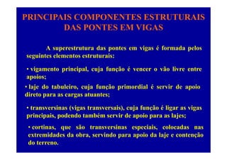 PRINCIPAIS COMPONENTES ESTRUTURAIS
DAS PONTES EM VIGASDAS PONTES EM VIGAS
A superestrutura das pontes em vigas é formada pelos
seguintes elementos estruturais:
• vigamento principal, cuja função é vencer o vão livre entre
apoios;p
• laje do tabuleiro, cuja função primordial é servir de apoio
direto para as cargas atuantes;
• transversinas (vigas transversais), cuja função é ligar as vigas
principais podendo também servir de apoio para as lajes;principais, podendo também servir de apoio para as lajes;
• cortinas, que são transversinas especiais, colocadas nas
extremidades da obra servindo para apoio da laje e contençãoextremidades da obra, servindo para apoio da laje e contenção
do terreno.
 