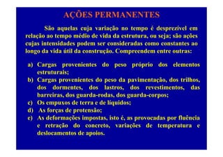 AÇÕES PERMANENTES
São aquelas cuja variação no tempo é desprezível em
relação ao tempo médio de vida da estrutura, ou seja; são ações
cujas intensidades podem ser consideradas como constantes aocujas intensidades podem ser consideradas como constantes ao
longo da vida útil da construção. Compreendem entre outras:
a) Cargas provenientes do peso próprio dos elementos
estruturais;
b) C i t d d i t ã d t ilhb) Cargas provenientes do peso da pavimentação, dos trilhos,
dos dormentes, dos lastros, dos revestimentos, das
barreiras, dos guarda-rodas, dos guarda-corpos;barreiras, dos guarda rodas, dos guarda corpos;
c) Os empuxos de terra e de líquidos;
d) As forças de protensão;
e) As deformações impostas, isto é, as provocadas por fluência
e retração do concreto, variações de temperatura e
d l t d ideslocamentos de apoios.
 