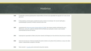 Histórico
1898

É produzido o primeiro grande pórtico rolante elétrico. Ele tem uma capacidade de carga de 12,5 t com um vão
de 11,5 m.

1964

É desenvolvida a primeira gama completa de pontes rolantes normalizadas. Por meio de tipificação e
estandardização é possível um fabrico racional de alto nível.

1984

Lançamento do sistema de pontes rolantes ligeiras KT 2000. Este sistema modular sofisticado de carris,
diferenciais, carros, etc., pode ser utilizado de forma flexível para aplicações simples e para soluções
automatizadas de fluxo de material.

1991

Duplicação da capacidade na fábrica de pontes rolantes de Ettlingen por meio de técnica de processos inovadora.

2006

Início de uma nova era: A técnica inovadora de pontes rolantes com prática linha condutora, ou seja, sem cabos
móveis, é apresentada e lançada no mercado.

2010

Novo conceito – CraneKits para construtores de pontes rolantes.

 