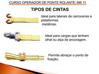 CURSO OPERADOR DE PONTE ROLANTE–NR 11
TIPOS DE CINTAS
.
Ideal para laterais de carrocerias e
plataformas
metálicas.
Ideal para cargas que tenham
olhal ou alça de ancoragem.
Permite abraçar o ponto de
fixação.
 