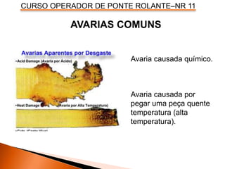 CURSO OPERADOR DE PONTE ROLANTE–NR 11
AVARIAS COMUNS
Avaria causada químico.
Avaria causada por
pegar uma peça quente
temperatura (alta
temperatura).
 