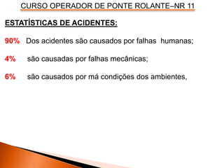 CURSO OPERADOR DE PONTE ROLANTE–NR 11
ESTATÍSTICAS DE ACIDENTES:
90% Dos acidentes são causados por falhas humanas;
4% são causadas por falhas mecânicas;
6% são causados por má condições dos ambientes,
 