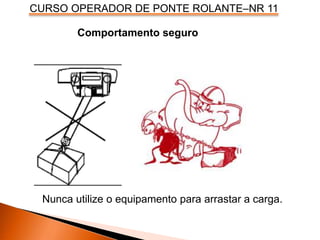 CURSO OPERADOR DE PONTE ROLANTE–NR 11
Comportamento seguro
Nunca utilize o equipamento para arrastar a carga.
 