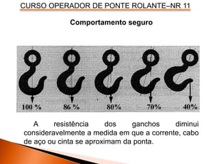 CURSO OPERADOR DE PONTE ROLANTE–NR 11
Comportamento seguro
A resistência dos ganchos diminui
consideravelmente a medida em que a corrente, cabo
de aço ou cinta se aproximam da ponta.
 