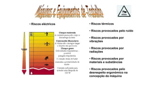 • Riscos eléctricos • Riscos térmicos
• Riscos provocados pelo ruído
• Riscos provocados por
vibrações
• Riscos provocados por
radiações
• Riscos provocados por
materiais e substâncias
• Riscos provocados pelo
desrespeito ergonómico na
concepção da máquina
 