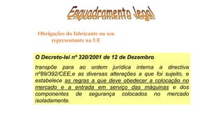 O Decreto-lei nº 320/2001 de 12 de Dezembro
transpõe para ao ordem jurídica interna a directiva
nº89/392/CEE,e as diversas alterações a que foi sujeito, e
estabelece as regras a que deve obedecer a colocação no
mercado e a entrada em serviço das máquinas e dos
componentes de segurança colocados no mercado
isoladamente.
Obrigações do fabricante ou seu
representante na UE
 