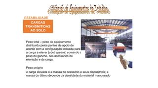 ESTABILIDADE
CARGAS
TRANSMITIDAS
AO SOLO
Peso próprio
A carga elevada é a massa do acessório e seus dispositivos; a
massa do último depende da densidade do material manuseado
Peso total – peso do equipamento
distribuído pelos pontos de apoio de
acordo com a configuração indicada para
a carga a elevar (contrapesos) somando o
peso do gancho, dos acessórios de
elevação e da carga.
 