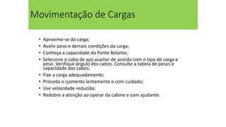 Movimentação de Cargas
• Aproxime-se da carga;
• Avalie peso e demais condições da carga;
• Conheça a capacidade da Ponte Rolante;
• Selecione o cabo de aço auxiliar de acordo com o tipo de carga e
peso. Verifique ângulo dos cabos. Consulte a tabela de pesos e
capacidade dos cabos;
• Fixe a carga adequadamente;
• Proceda o içamento lentamente e com cuidado;
• Use velocidade reduzida;
• Redobre a atenção ao operar da cabine e com ajudante.
 