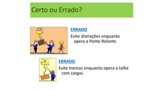 Certo ou Errado?
ERRADO
Evite distrações enquanto
opera a Ponte Rolante.
ERRADO
Evite trancos enquanto opera a talha
com cargas.
 