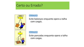 Certo ou Errado?
ERRADO
Evite balanços enquanto opera a talha
com cargas.
ERRADO
Evite pancadas enquanto opera a talha
com cargas.
 