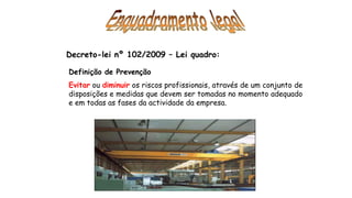 Decreto-lei nº 102/2009 – Lei quadro:
Definição de Prevenção
Evitar ou diminuir os riscos profissionais, através de um conjunto de
disposições e medidas que devem ser tomadas no momento adequado
e em todas as fases da actividade da empresa.
 