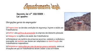 Decreto-lei nº 102/2009 –
Lei quadro:
Obrigações gerais do empregador
 Proporcionar as devidas condições de segurança, higiene e saúde aos
trabalhadores
 Definir uma política de prevenção na empresa devidamente planeada
 Assegurar a vigilância da saúde dos trabalhadores
 Estabelecer em matéria de primeiros socorros, combate a incêndios e
evacuação, as medidas que devem ser adoptadas e a identificação dos
trabalhadores responsáveis
 Estabelecer instruções em caso de perigo grave e eminente, sobre as
situações em que os trabalhadores devem cessar a sua actividade
 