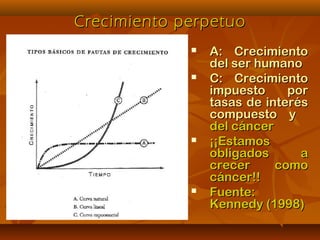 Crecimiento perpetuoCrecimiento perpetuo
 A: CrecimientoA: Crecimiento
del ser humanodel ser humano
 C: CrecimientoC: Crecimiento
impuesto porimpuesto por
tasas de interéstasas de interés
compuesto ycompuesto y
del cáncerdel cáncer
 ¡¡Estamos¡¡Estamos
obligados aobligados a
crecer comocrecer como
cáncer!!cáncer!!
 Fuente:Fuente:
Kennedy (1998)Kennedy (1998)
 