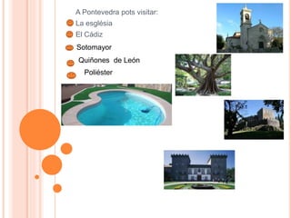 A Pontevedra pots visitar:
La església
El Cádiz
Sotomayor
Quiñones de León
Poliéster
 