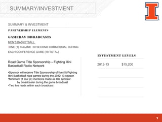 SUMMARY/INVESTMENT

SUMMARY & INVESTMENT
PARTNERSHIP ELEMENTS

GAMEDAY BROADCASTS
MEN’S BASKETBALL
•ONE (1) IN-GAME :30 SECOND COMMERCIAL DURING
EACH CONFERENCE GAME (18 TOTAL)
                                                               INVESTMENT LEVELS

Road Game Title Sponsorship – Fighting Illini
Basketball Radio Network                                       2012-13   $15,200

•Sponsor will receive Title Sponsorship of five (5) Fighting
Illini Basketball road games during the 2012-13 season
•Minimum of four (4) mentions made as title sponsor
         by broadcaster during the game broadcast
•Two live reads within each broadcast




                                                                                   7
 