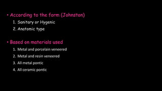 • According to the form (Johnston)
1. Sanitary or Hygenic
2. Anatomic type
• Based on materials used
1. Metal and porcelain veneered
2. Metal and resin veneered
3. All metal pontic
4. All ceramic pontic
 