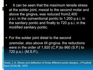       It can be seen that the maximum tensile stress
     at the solder joint, mesial to the second molar and
     above the gingiva, was reduced from2,400
     p.s.i, in the conventional pontic to 1,200 p.s.i, in
     the sanitary pontic and finally to 720 p.s.i, in the
     modified sanitary pontic.

  For the solder joint distal to the second
     premolar, also above till gingiva, the reductions
     were in the order of 1,920 (C.P.)to 960 (S.P.) to
     720 p.s.i. (M.S.P.).

Hood, J. A. Stress and deflection of three different pontic designs. J Prosthet
Dent 33:54-59, 1975
 