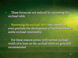 20
• These forces are not reduced by narrowing the
occlusal table
• Narrowing the occlusal table may impede or
even preclude the development of harmonious and
stable occlusal relationship.
• For these reasons pontic with normal occlusal
width of at least on the occlusal third are generally
recommended
 