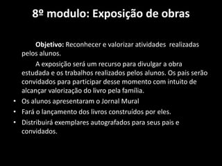 8º modulo: Exposição de obras
Objetivo: Reconhecer e valorizar atividades realizadas
pelos alunos.
A exposição será um recurso para divulgar a obra
estudada e os trabalhos realizados pelos alunos. Os pais serão
convidados para participar desse momento com intuito de
alcançar valorização do livro pela família.
• Os alunos apresentaram o Jornal Mural
• Fará o lançamento dos livros construídos por eles.
• Distribuirá exemplares autografados para seus pais e
convidados.
 