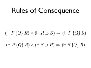 Rules of Consequence

(` P {Q} R) ^ (` R   S) ) (` P {Q} S)

(` P {Q} R) ^ (` S   P ) ) (` S {Q} R)
 
