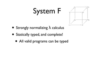 System F

• Strongly normalizing λ calculus
• Statically typed, and complete!
 • All valid programs can be typed
 