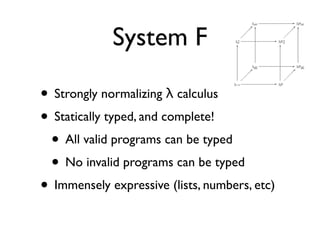 System F

• Strongly normalizing λ calculus
• Statically typed, and complete!
 • All valid programs can be typed
 • No invalid programs can be typed
• Immensely expressive (lists, numbers, etc)
 