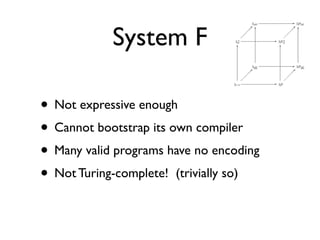 System F

• Not expressive enough
• Cannot bootstrap its own compiler
• Many valid programs have no encoding
• Not Turing-complete! (trivially so)
 