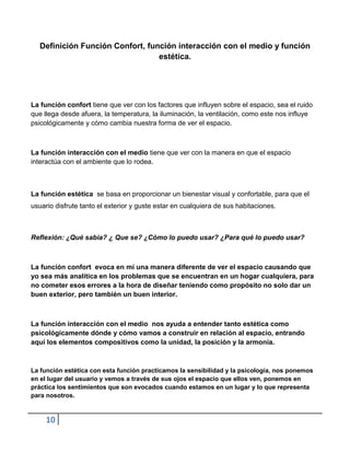 Definición Función Confort, función interacción con el medio y función
                                  estética.




La función confort tiene que ver con los factores que influyen sobre el espacio, sea el ruido
que llega desde afuera, la temperatura, la iluminación, la ventilación, como este nos influye
psicológicamente y cómo cambia nuestra forma de ver el espacio.



La función interacción con el medio tiene que ver con la manera en que el espacio
interactúa con el ambiente que lo rodea.



La función estética se basa en proporcionar un bienestar visual y confortable, para que el
usuario disfrute tanto el exterior y guste estar en cualquiera de sus habitaciones.



Reflexión: ¿Qué sabia? ¿ Que se? ¿Cómo lo puedo usar? ¿Para qué lo puedo usar?



La función confort evoca en mí una manera diferente de ver el espacio causando que
yo sea más analítica en los problemas que se encuentran en un hogar cualquiera, para
no cometer esos errores a la hora de diseñar teniendo como propósito no solo dar un
buen exterior, pero también un buen interior.



La función interacción con el medio nos ayuda a entender tanto estética como
psicológicamente dónde y cómo vamos a construir en relación al espacio, entrando
aquí los elementos compositivos como la unidad, la posición y la armonía.



La función estética con esta función practicamos la sensibilidad y la psicología, nos ponemos
en el lugar del usuario y vemos a través de sus ojos el espacio que ellos ven, ponemos en
práctica los sentimientos que son evocados cuando estamos en un lugar y lo que representa
para nosotros.


     10
 