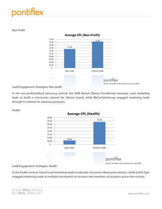 Non-Pro t




                                                                         Source: Ponti ex Internal Research, July 2009
Lead Engagement Strategies: Non-pro t

In the non-pro t/political advocacy vertical, the 2008 Barack Obama Presidential campaign used marketing
leads to build a community around the Obama brand, while WeCanSolveIt.org engaged marketing leads
through its website for advocacy purposes.

Health




                                                                           Source: Ponti ex Internal Research, July 2009
Lead Engagement Strategies: Health

In the health vertical, iGuard used marketing leads to educate consumers about prescriptions, while Gold’s Gym
engaged marketing leads at multiple touchpoints to increase new members at locations across the country.




                                                                                                        www.ponti ex.com
 