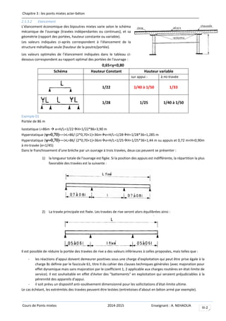 Chapitre 3 : les ponts mixtes acier-béton
Cours de Ponts mixtes 2014-2015 Enseignant : A. NEHAOUA
III-2
2.1.3.2 Elancement
L’élancement économique des bipoutres mixtes varie selon le schéma
mécanique de l'ouvrage (travées indépendantes ou continues), et sa
géométrie (rapport des portées, hauteur constante ou variable).
Les valeurs indiquées ci-après correspondent à l’élancement de la
structure métallique seule (hauteur de la poutre/portée).
Les valeurs optimales de l’élancement indiquées dans le tableau ci-
dessous correspondent au rapport optimal des portées de l'ouvrage :
0,65<<0,80
Schéma Hauteur Constant Hauteur variable
sur appui : à mi-travée
1/22 1/40 à 1/50 1/33
1/28 1/25 1/40 à 1/50
Exemple 01
Portée de 86 m
Isostatique L=86m  e=H/L=1/22H=1/22*86=3,90 m
Hyperstatique (L=86/ (2*0,70+1)=36me=H/L=1/28H=1/28*36=1,285 m
Hyperstatique (L=86/ (2*0,70+1)=36me=H/L=1/25H=1/25*36=1,44 m su appuis et 0,72 m<H<0,90m
à mi-travée (e=1/45)
Dans le franchissement d'une brèche par un ouvrage à trois travées, deux cas peuvent se présenter :
1) la longueur totale de l'ouvrage est figée. Si la position des appuis est indifférente, la répartition la plus
favorable des travées est la suivante :
2) La travée principale est fixée. Les travées de rive seront alors équilibrées ainsi :
Il est possible de réduire la portée des travées de rive a des valeurs inférieures à celles proposées, mais telles que :
- les réactions d'appui doivent demeurer positives sous une charge d'exploitation qui peut être prise égale à la
charge Bc définie par le fascicule 61, titre II du cahier des clauses techniques générales {avec majoration pour
effet dynamique mais sans majoration par le coefficient 1, 2 applicable aux charges routières en état-limite de
service). Il est souhaitable en effet d'éviter des "battements" en exploitation qui seraient préjudiciables à la
pérennité des appareils d'appui.
- il soit prévu un dispositif anti-soulèvement dimensionné pour les sollicitations d'état-limite ultime.
Le cas échéant, les extrémités des travées peuvent être lestées (entretoises d'about en béton armé par exemple).
 