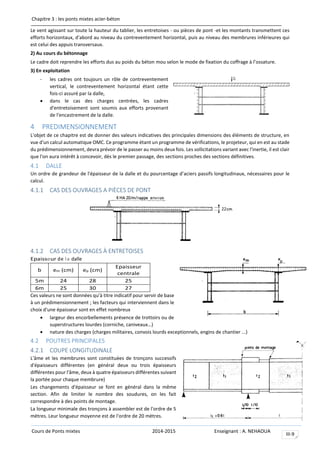 Chapitre 3 : les ponts mixtes acier-béton
Cours de Ponts mixtes 2014-2015 Enseignant : A. NEHAOUA
III-9
Le vent agissant sur toute la hauteur du tablier, les entretoises - ou pièces de pont -et les montants transmettent ces
efforts horizontaux, d'abord au niveau du contreventement horizontal, puis au niveau des membrures inférieures qui
est celui des appuis transversaux.
2) Au cours du bétonnage
Le cadre doit reprendre les efforts dus au poids du béton mou selon le mode de fixation du coffrage à l’ossature.
3) En exploitation
- les cadres ont toujours un rôle de contreventement
vertical, le contreventement horizontal étant cette
fois-ci assuré par la dalle,
 dans le cas des charges centrées, les cadres
d'entretoisement sont soumis aux efforts provenant
de l'encastrement de la dalle.
4 PREDIMENSIONNEMENT
L'objet de ce chapitre est de donner des valeurs indicatives des principales dimensions des éléments de structure, en
vue d'un calcul automatique OMC. Ce programme étant un programme de vérifications, le projeteur, qui en est au stade
du prédimensionnement, devra prévoir de le passer au moins deux fois. Les sollicitations variant avec l'inertie, il est clair
que l'on aura intérêt à concevoir, dès le premier passage, des sections proches des sections définitives.
4.1 DALLE
Un ordre de grandeur de l'épaisseur de la dalle et du pourcentage d’aciers passifs longitudinaux, nécessaires pour le
calcul.
4.1.1 CAS DES OUVRAGES A PIÈCES DE PONT
4.1.2 CAS DES OUVRAGES À ENTRETOISES
Epaisseur de la dalle
b em (cm) ep (cm)
Epaisseur
centrale
5m 24 28 25
6m 25 30 27
Ces valeurs ne sont données qu'à titre indicatif pour servir de base
à un prédimensionnement ; les facteurs qui interviennent dans le
choix d'une épaisseur sont en effet nombreux
 largeur des encorbellements présence de trottoirs ou de
superstructures lourdes (corniche, caniveaux…)
 nature des charges (charges militaires, convois lourds exceptionnels, engins de chantier ...)
4.2 POUTRES PRINCIPALES
4.2.1 COUPE LONGITUDINALE
L'âme et les membrures sont constituées de tronçons successifs
d'épaisseurs différentes (en général deux ou trois épaisseurs
différentes pour l'âme, deux à quatre épaisseurs différentes suivant
la portée pour chaque membrure)
Les changements d'épaisseur se font en général dans la même
section. Afin de limiter le nombre des soudures, on les fait
correspondre à des points de montage.
La longueur minimale des tronçons à assembler est de l'ordre de 5
mètres. Leur longueur moyenne est de l'ordre de 20 mètres.
 