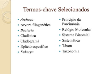 Termos-chave Selecionados
   Archaea                  Princípio da
   Árvore filogenética       Parcimônia
   Bacteria                 Relógio Molecular
   Cladística               Sistema Binomial
   Cladograma               Sistemática
   Epíteto específico       Táxon
   Eukarya                  Taxonomia
 