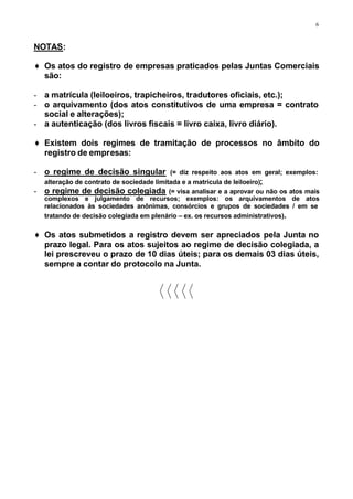 6



NOTAS:

♦ Os atos do registro de empresas praticados pelas Juntas Comerciais
  são:

- a matrícula (leiloeiros, trapicheiros, tradutores oficiais, etc.);
- o arquivamento (dos atos constitutivos de uma empresa = contrato
  social e alterações);
- a autenticação (dos livros fiscais = livro caixa, livro diário).

♦ Existem dois regimes de tramitação de processos no âmbito do
  registro de empresas:

- o regime de decisão singular              (= diz respeito aos atos em geral; exemplos:
    alteração de contrato de sociedade limitada e a matrícula de leiloeiro);
-   o regime de decisão colegiada (= visa analisar e a aprovar ou não os atos mais
    complexos e julgamento de recursos; exemplos: os arquivamentos de atos
    relacionados às sociedades anônimas, consórcios e grupos de sociedades / em se
    tratando de decisão colegiada em plenário – ex. os recursos administrativos).

♦ Os atos submetidos a registro devem ser apreciados pela Junta no
  prazo legal. Para os atos sujeitos ao regime de decisão colegiada, a
  lei prescreveu o prazo de 10 dias úteis; para os demais 03 dias úteis,
  sempre a contar do protocolo na Junta.

                                      DDDDD
 